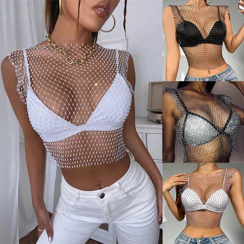 Rhinestones See-through Women Fishnet Tank Top Sexy Vest Mesh Crop Tops Babydoll - Picture 15 of 31