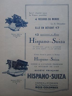1925-1926 PUB HISPANO-SUIZA MOTEUR RECORD VITESSE ALTITUDE AVIATION AVION AD