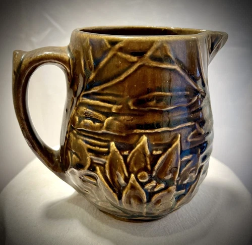 Vintage 1935 McCoy Stoneware Small Pitcher 5" H Brown Water Lily Lotus 124