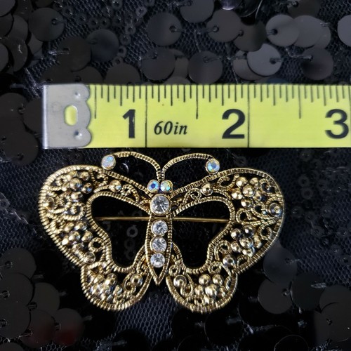 Vintage Butterfly Brooch Pin Rhinestone Crystal Gold Tones 2 inches Classy - Picture 3 of 5