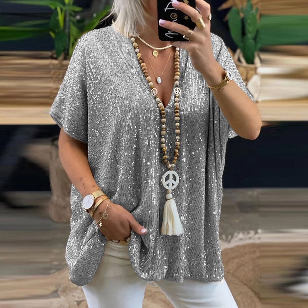 Women s Sequin V Neck Short Sleeve T shirt Tops Party Casual