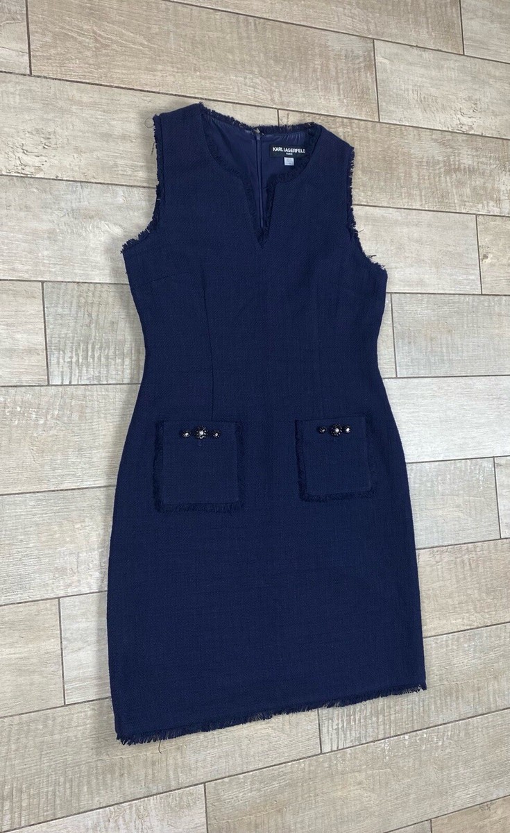 karl lagerfeld blue tweed dress Paris Sleeveless Mini Women's Size 10 Zip Sheath dress