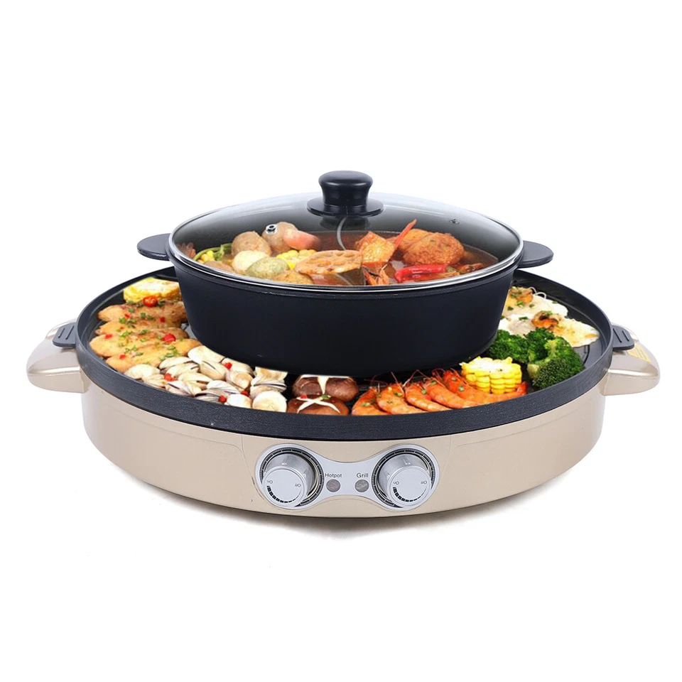 2 in1 Multifunction Hot Pot BBQ Double Electric Skillet Smokeless Non Stick DE - Image 2 of 4
