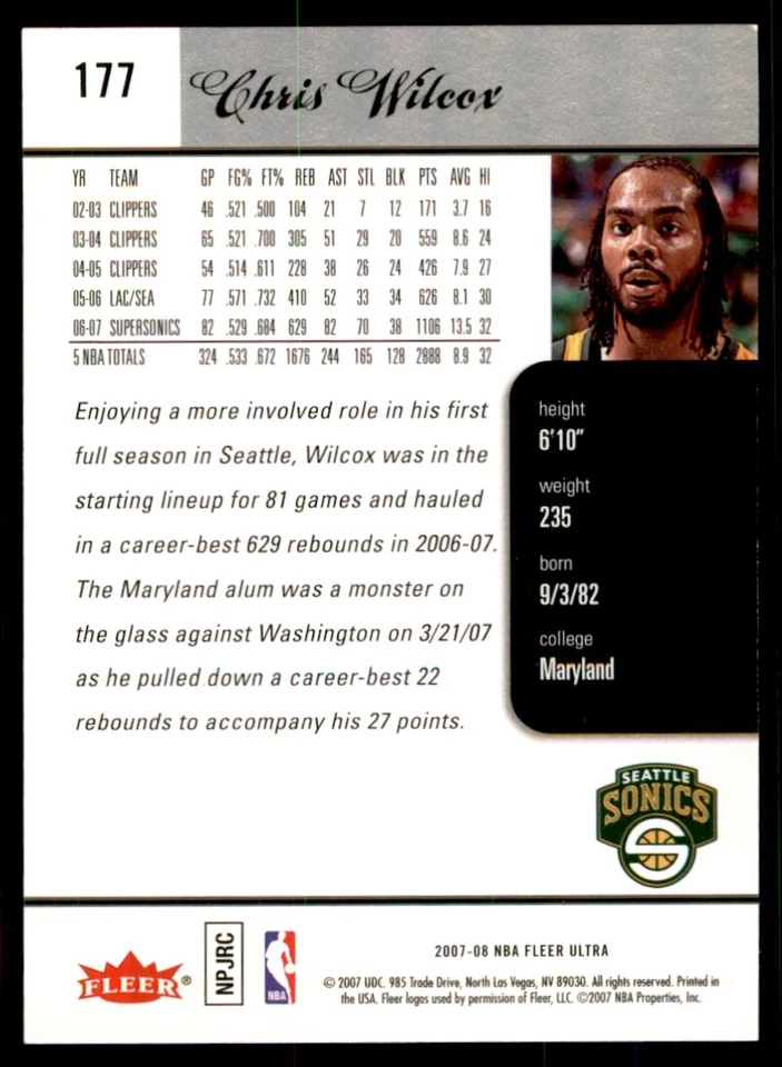 2007-08 Fleer Ultra Chris Wilcox Basketball Cards #177 - Image 2 of 2