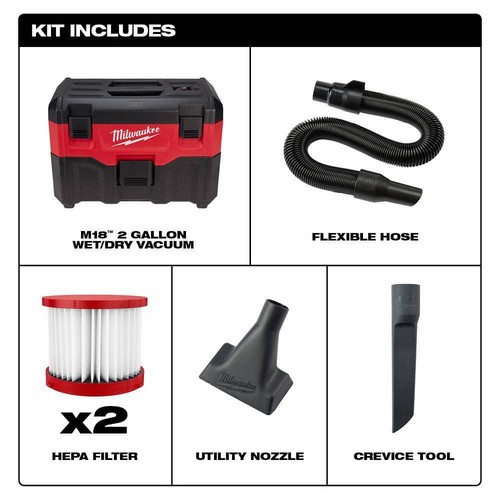 Milwaukee Vacuum M18 18V 2 Gal Li-Ion Cordless Wet Dry Extra Wet Dry HEPA Filter - Picture 2 of 10