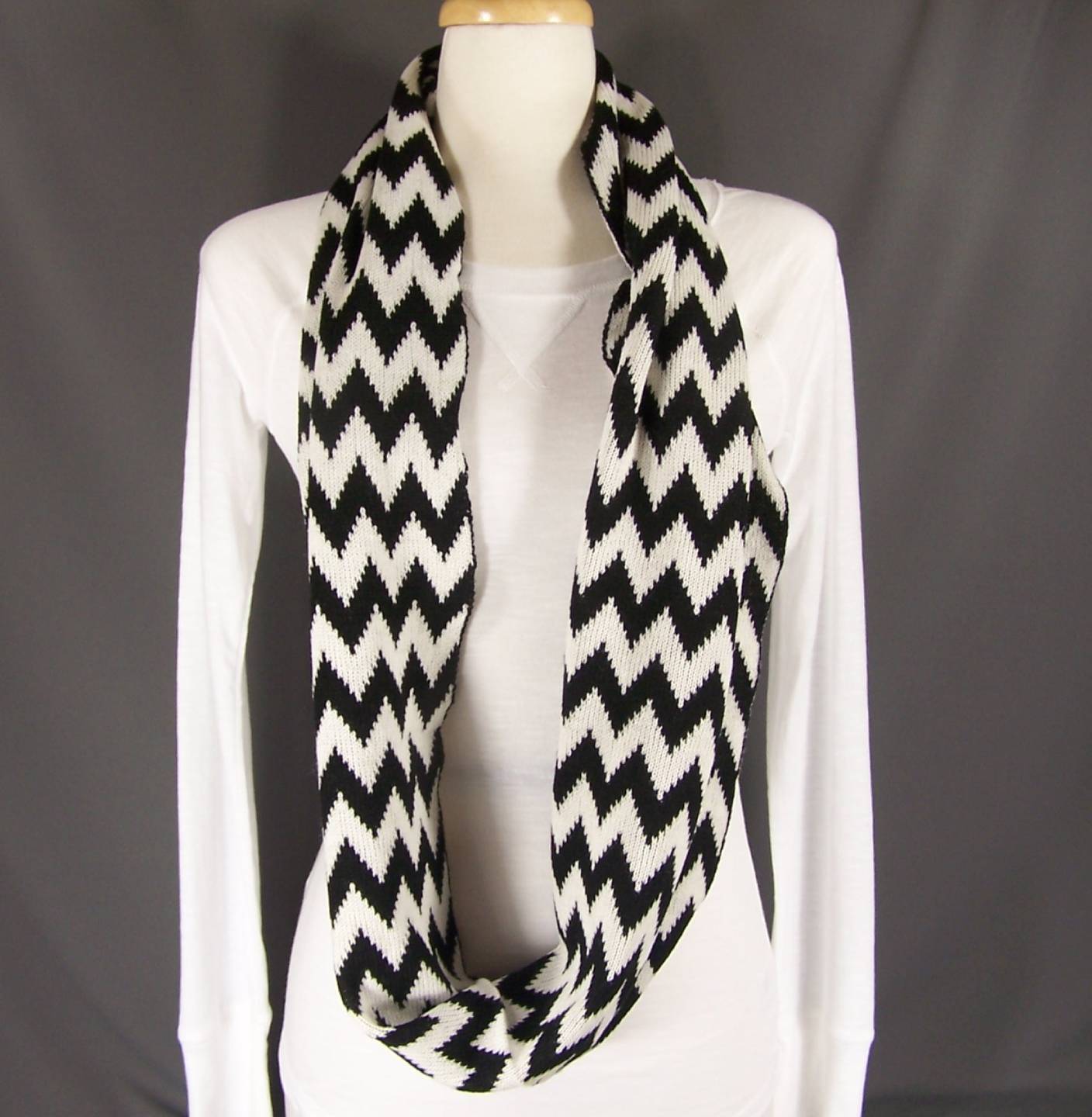 Black White chevron soft knit circle infinity endless loop long ...