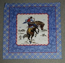 Vintage Handkerchief Blue Cowboy Bronco Western Bandana Print Plaid Border USA