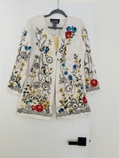 Indigo Moon Jacket S White Embroidered Floral Boho Artsy Brocade Open Front