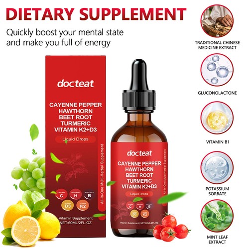 Cayenne Pepper Hawthorn Beet Root Turmeric Vitamin K2+D3 Drops Fast Shipping