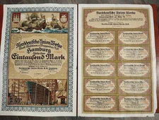 Germany 1922 Hamburg Norddeutsche Union Werke 1.000 Mark Coupons Share Bond Loan