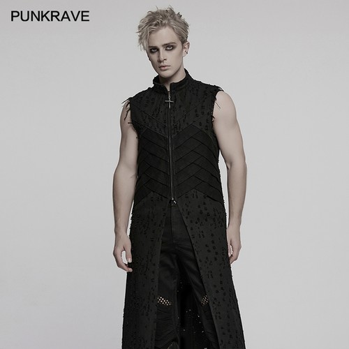 Gilet lungo Punk Rave uomo nero gotico punk invecchiato cerniera cosplay gilet - Foto 2 di 19