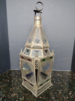Lg Moroccan Style Hanging Candle Lantern Multi Colored Stained Glass 22  