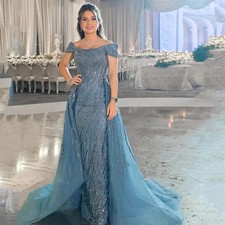 Blue Sequin Luxury Mermaid Evening Dresses Detachable Off the Shoulder Prom Gown