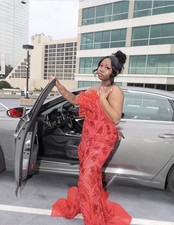 Women s Red Strapless Sweetheart Corset Beaded Sequin Mermaid Gown Slit m/L