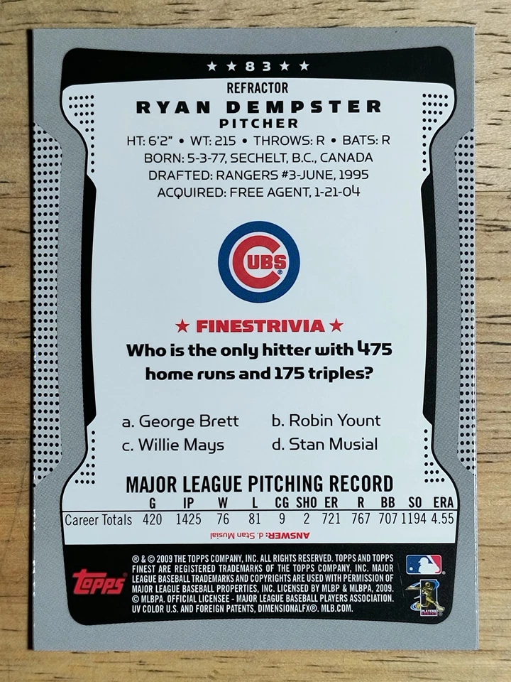 2009 Finest Refractors #83 Ryan Dempster - Image 2 of 2