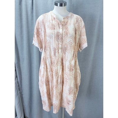 Faherty Linen Blend Palm Print Pintuck Henley Shift Dress Peach Cream XXL