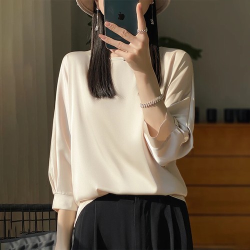 Neunarm T-Shirt im Sommer Damen Satin Gesicht Rundhals weite Ärmel außen - Bild 10 von 22