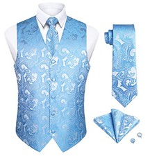 Suit Vest for Men Formal Paisley Mens Vests Dress Tie and Pocket Large Blue