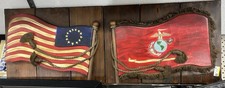 Rustic Wooden America and USMC Marines Flags Anniversary Flags 36 Inches Across