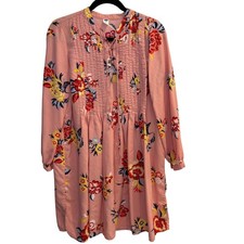 Old Navy Pink Floral Lace Up Swing Dress Pintuck Long Sleeve Boho Mini Medium 
