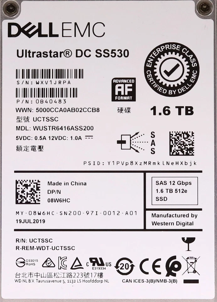 Dell WUSTR6416ASS200 1.6TB 2.5" 12Gb/s SAS SSD W/Caddy P/N: 08W6HC Tested - Image 2 of 2