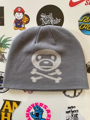 Vintage Y2K Bape A Bathing Ape Baby Milo Piratenladen Totenkopf Strickmütze grau