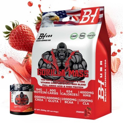 Gorilla Mass Gainer 4KG High Calorie Weight Gain + Free BCAA - Black Hammer USA