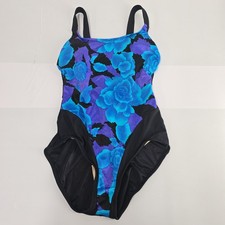 Vintage Maxine of Hollywood One Piece Swimsuit Women 14 Floral Blue Purple Black
