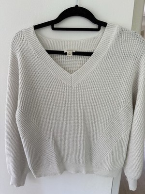 a.n.a Women s White Solid V-Neck Ribbed Knit Pullover Sweater Long Sleeve Size S