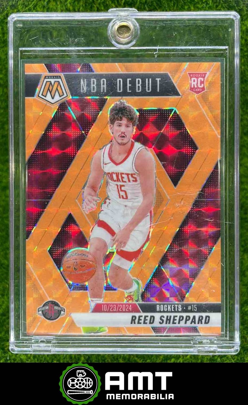 2024-25 Panini Mosaic Reed Sheppard NBA Debut Orange Fluorescent 3/25 Rockets RC