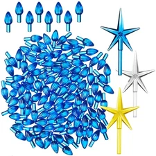 108 Replacement Blue Ceramic Christmas Tree Twist Light Bulbs, 3 Star Toppers