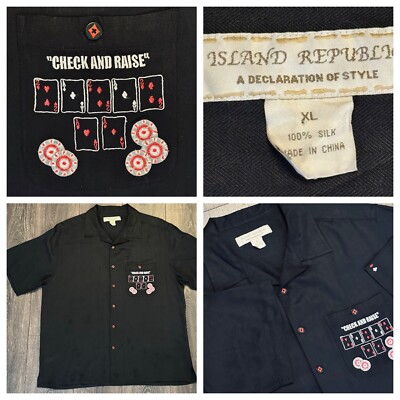 Island Republic 100% Silk Casino Poker Chip  check And Raise  Shirt Men XL Black