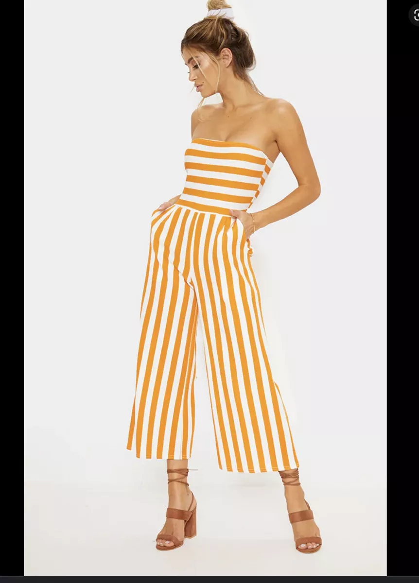 Pretty Little Thing Ladies Strapless Yellow White Stripe Cropped
