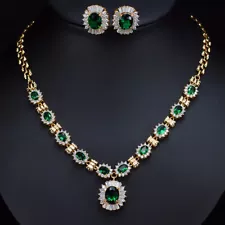 Necklace Earrings Women Wedding Chic Gold Plated Cubic Zirconia Red Jewelry Set