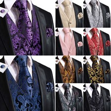 Mens Waistcoats Tie and Pocket Square Cufflinks Set Wedding Formal Casual Gilet