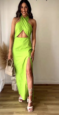 Zara Lime Green Linen Blend Cut Out Halter Neck Midi Dress Size M New Bloggers