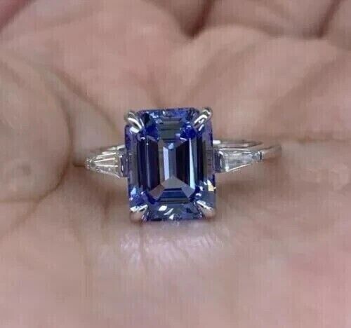 3Ct Emerald Cut Simulated Tanzanite Wedding Delicate Ring 14K White Gold Plated - Picture 1 of 5