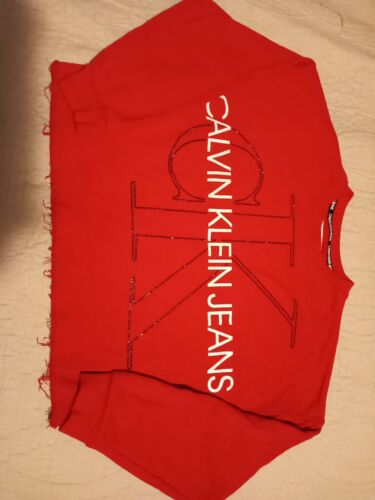  Calvin Klein Distressed Logo Long Sleeve Sweater Crop Red Top Sz L  - Picture 1 of 5