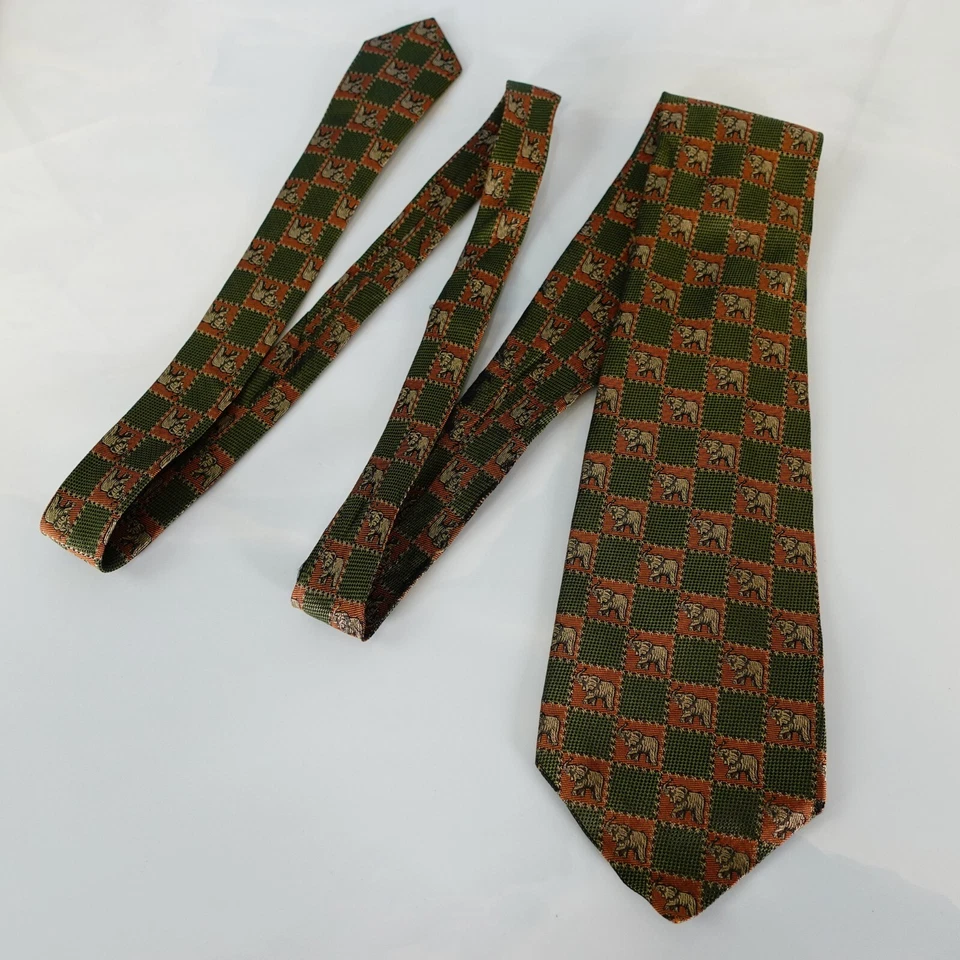 JIM THOMPSON Corbata Cuello Para Hombres Marrón Verde Elefante Animal Cuadros Traje Clásico Ejército Foto 3 de 4