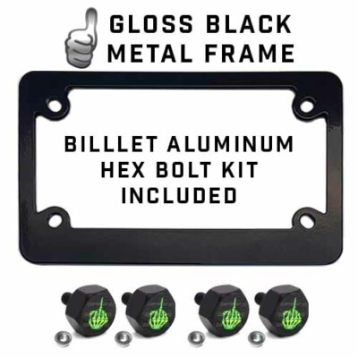 Black Metal License Plate Frame & Hex Tag Bolt Kit - GREEN SKELETON FINGER