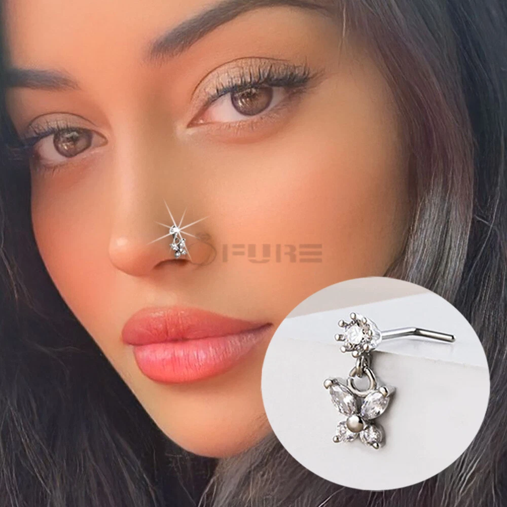 Sterling Silver L Screw Nose Stud Ring Crystal CZ Drop Bar