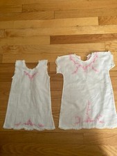 Vintage Baby or Doll Dress Infant Gowns Embroidered Antique White with Pink