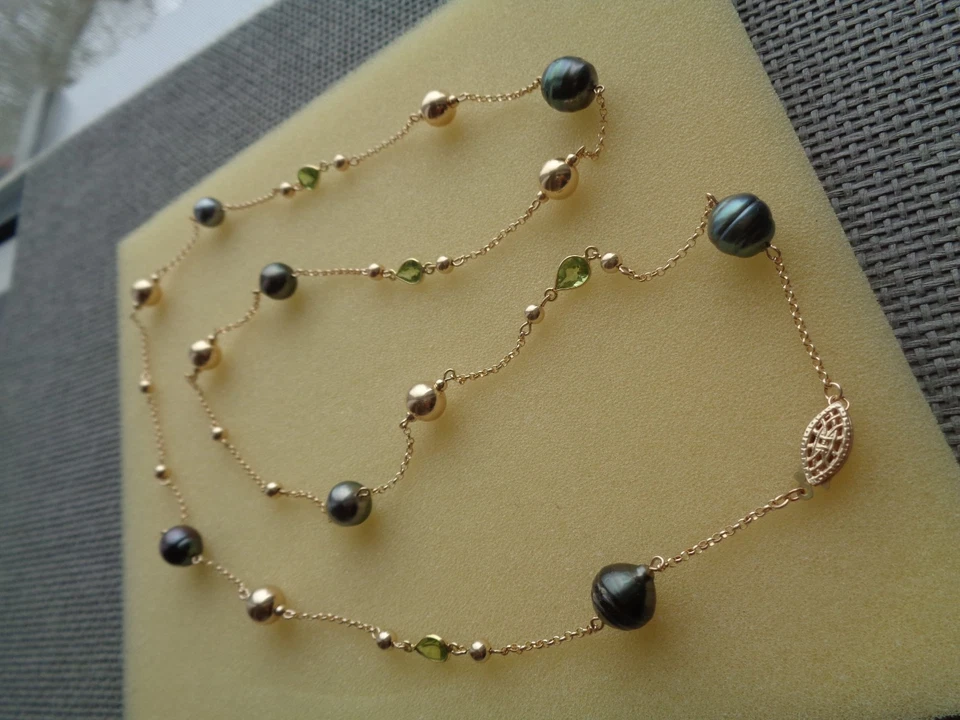 Lange Goldkette mit Kugeln, Tahitiperlen u. Peridot-Quarz, in Gold Filled - Bild 3 von 4