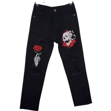 NWOT Boys Straight Leg Jeans Size 10Y Black Embroidered Skull Roses Distressed