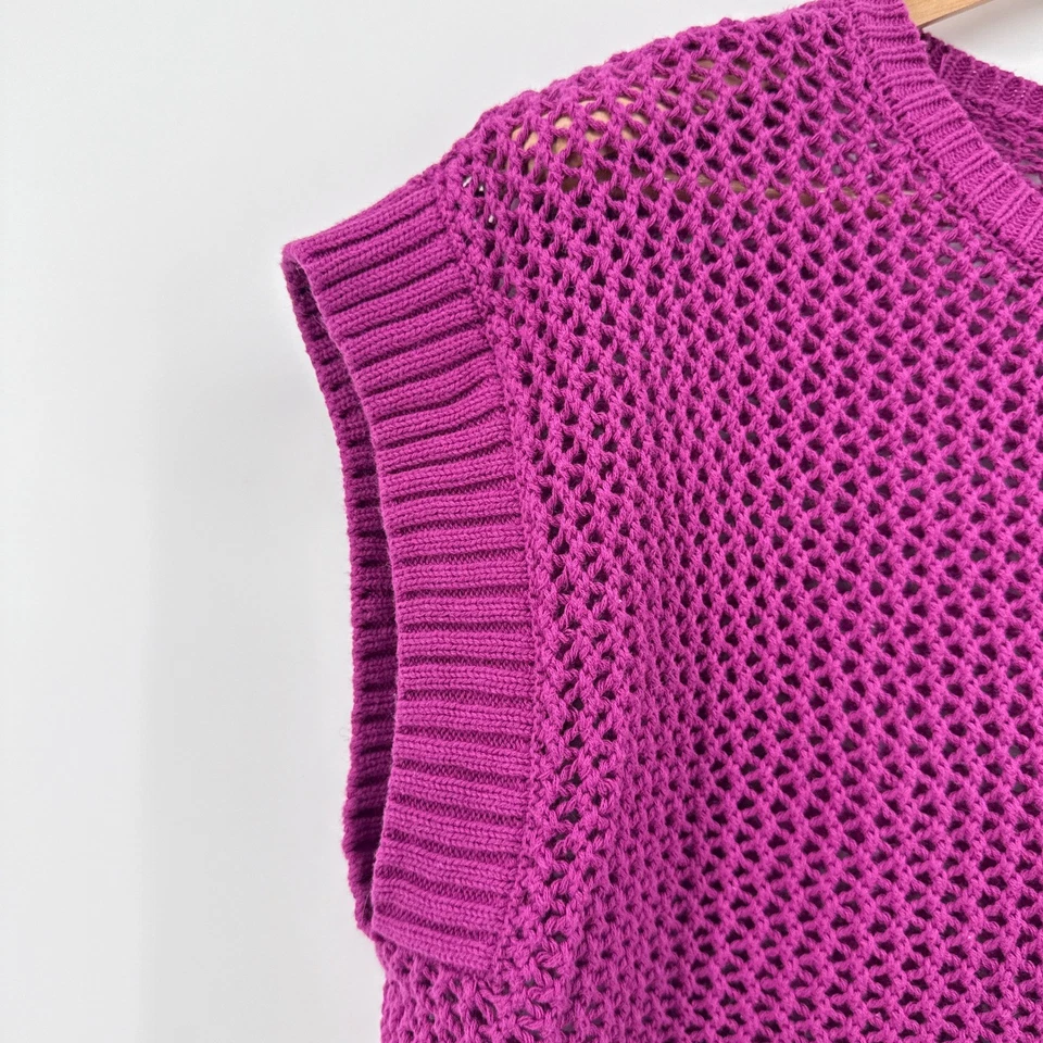 Chaleco Suéter Halógeno Punto Abierto Algodón Talla Grande Magenta Cuello Redondo Foto 3 de 4