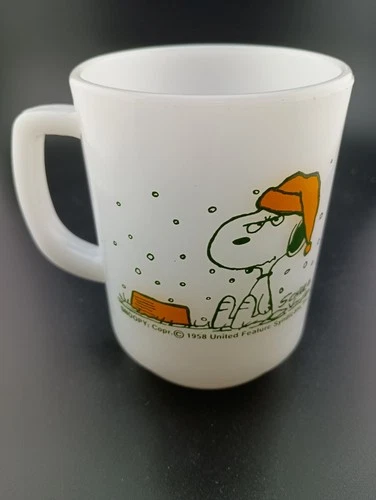 VTG Snoopy Fire King Milk Glass Mug "I Hate It When It Snows On My French Toast"