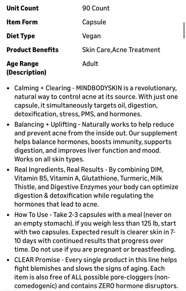 CLEARSTEM - MENTE, CUERPO, PIEL Suplemento hormonal para el acné 5-HTP Natural DIM 90 unidades Foto 4 de 4