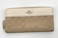 Coach 7.5" Signature Canvas Zip Around Accordion Wallet logo beige large cream