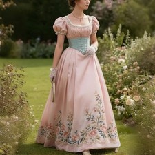 Vintage Victorian Prom Dress Floral Embroidery Pink Satin Civil War Evening Gown