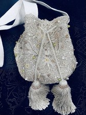 Vintage Cream Handmade Embroidered Beaded Bucket Bag Large Tassle Ties